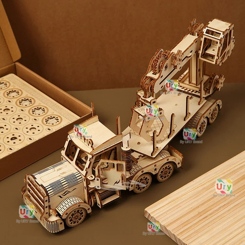 Ury 3D Wooden Puzzle Movable Retro Biplane Crane Bulldozer Handmade Assembly Truck Model DIY Toys Decoration Gift for Kids