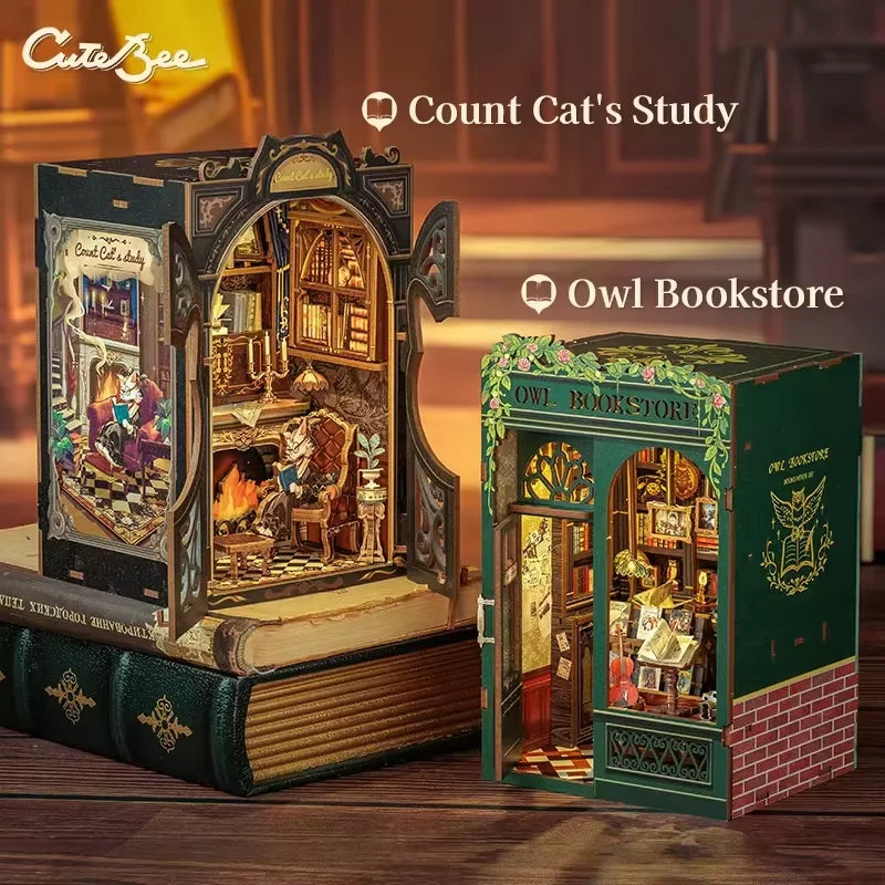 CUTEBEE DIY Book Nook Kit Miniature Doll House With LED Light 3D Puzzle Model Building Wooden Booknook Toy Adults Birthday Gifts