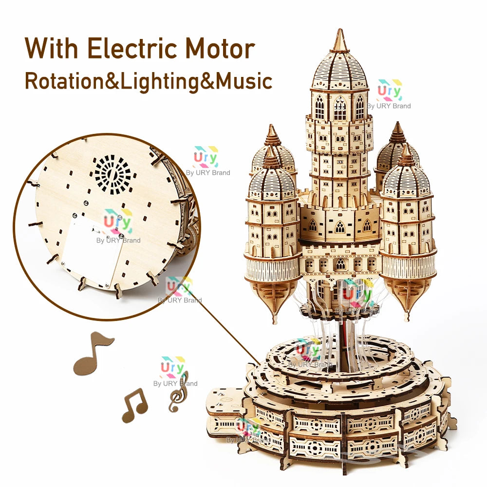 3D Wooden Puzzle House Royal Electric Rotating Sky Castle With Light Assembly Toy For Kids Adult DIY Model Decoration for Gifts