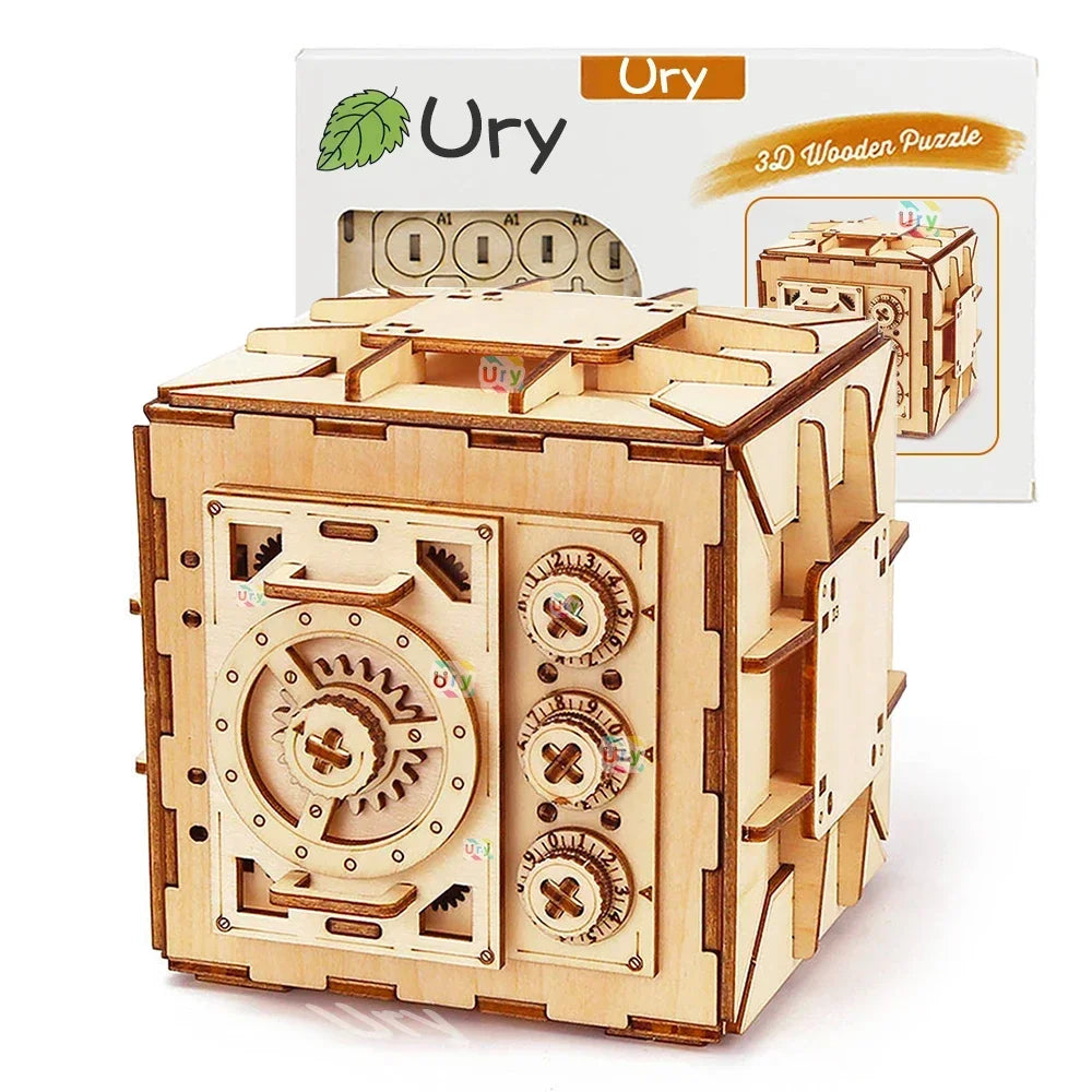 URY 3D Wooden Puzzle Password Treasure Money Box Piggy Bank DIY Advanced Assembly Model Toys Creative Gift for Lady Girls