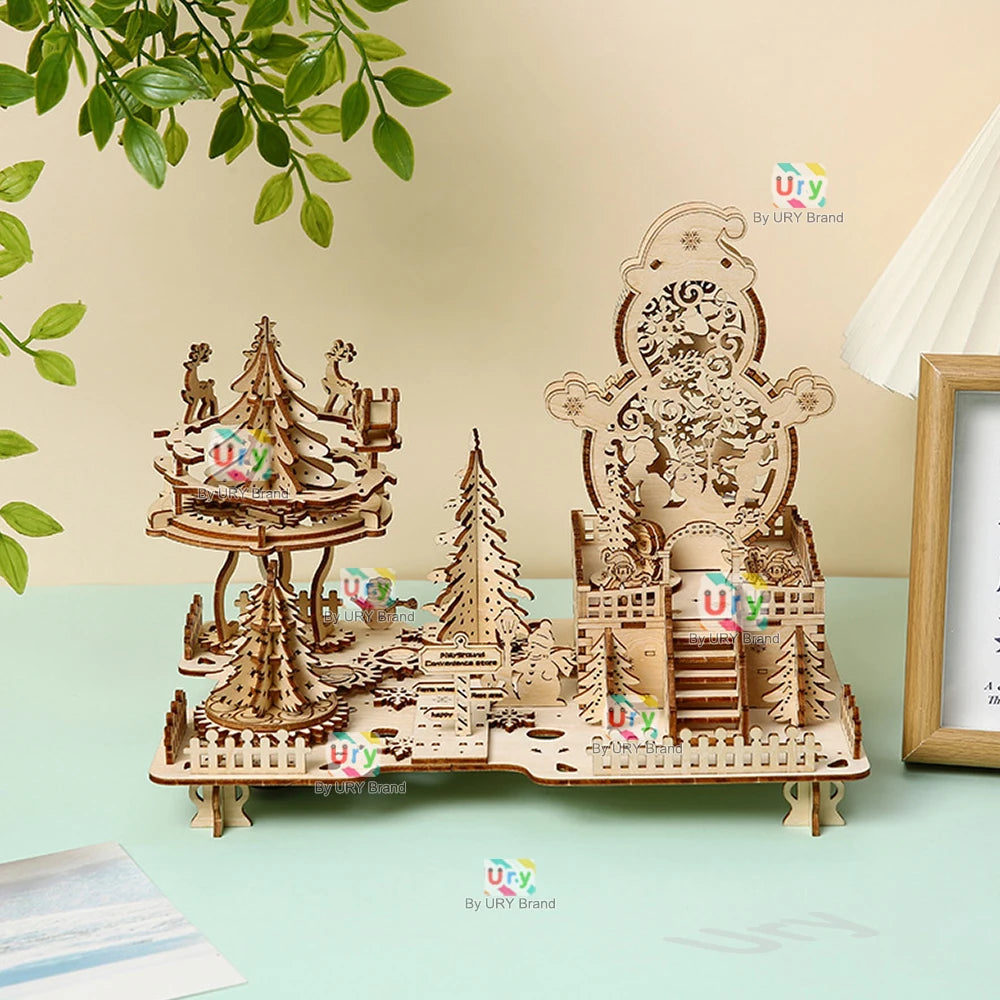 3D Wooden Puzzle Christmas Amusement Park Deer Carriage Music Box with Light Assembly Toy for Kid DIY Model Decoration for Gifts