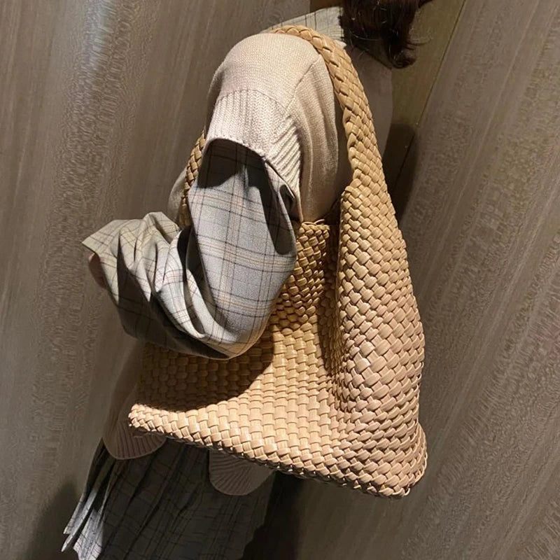 2025 Fashion Soft Hobo Weave Shoulder Handbag With Insert Organizer Woven Vegan Leather Top-handle Tote All-Match Underarm Bag