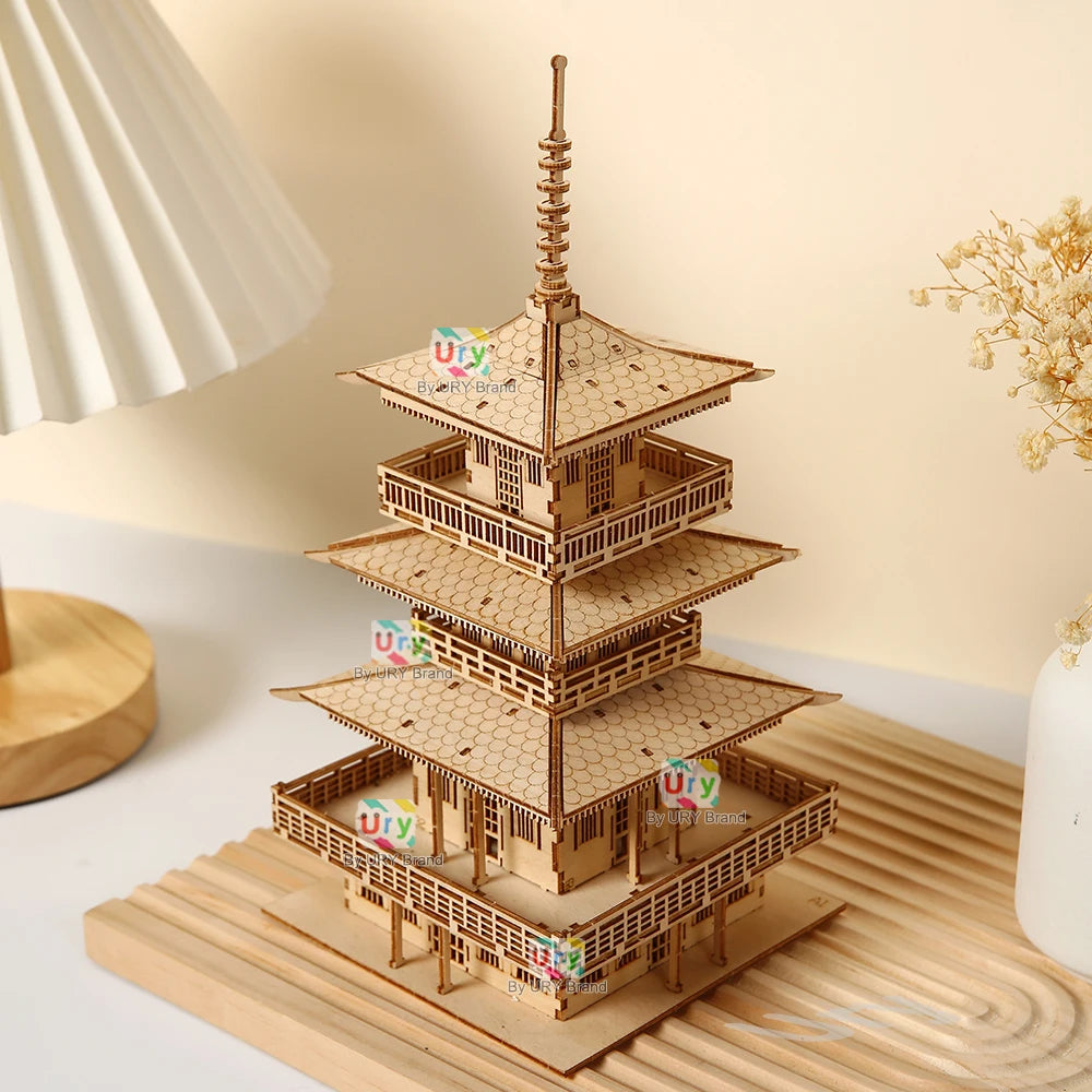 URY 3D Wooden Tower Ancient Pagoda Chinese Traditional Puzzle with Light DIY Model Game Assembly Desktop Toy Gift for Kids Adult