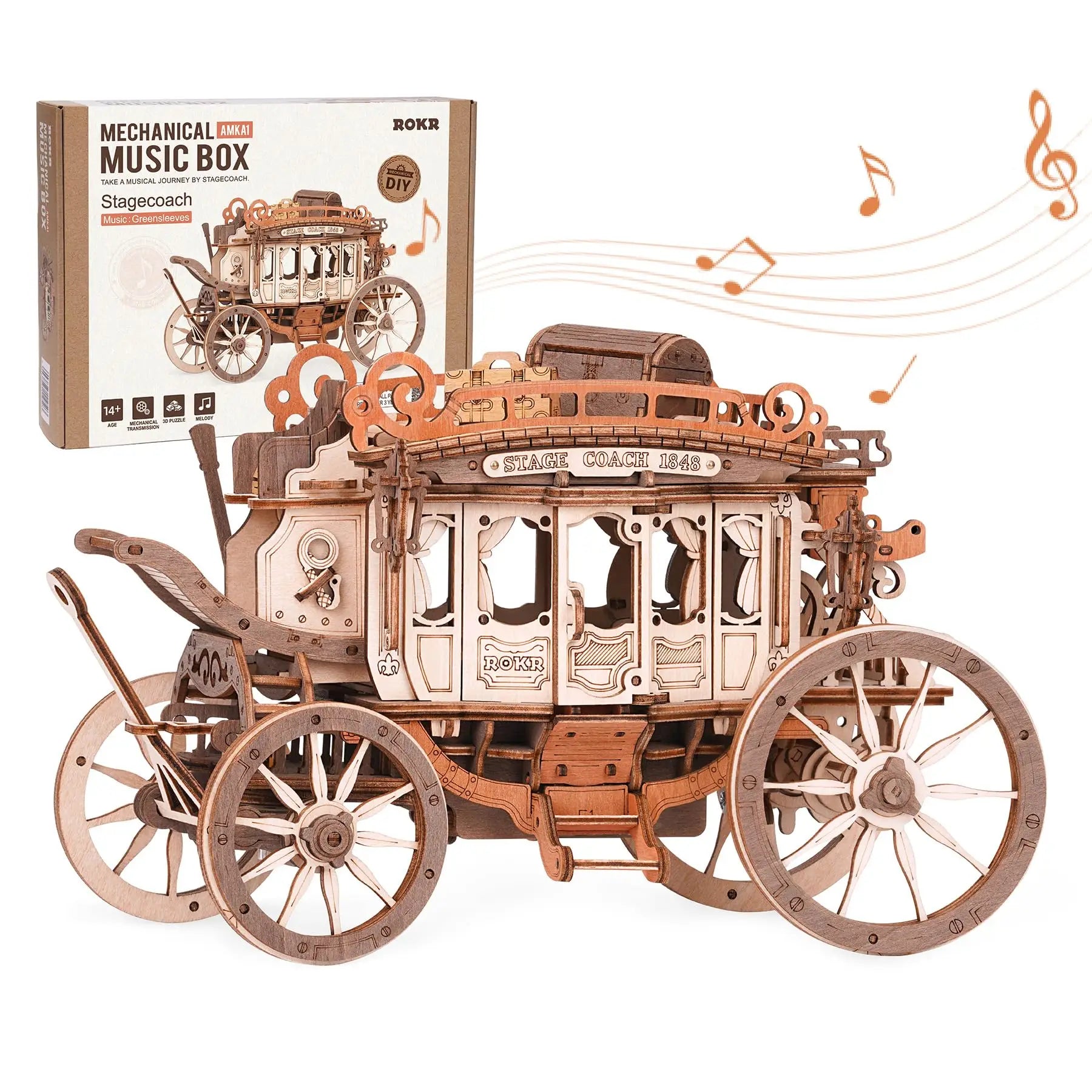 Robotime Rokr Stagecoach Music Box 3D wooden puzzle for Adults Birthday Anniversary Day Gift Hobby STEM Kits Model Easy to Build
