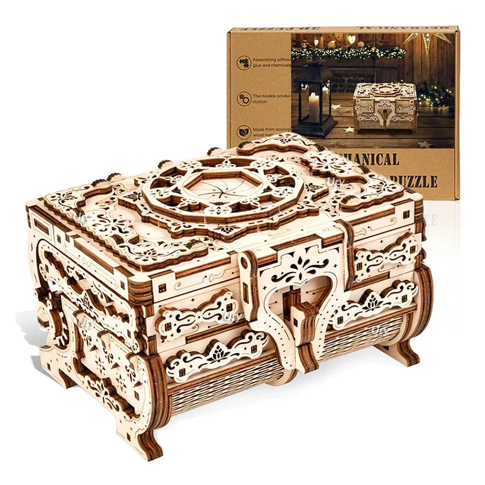 URY 3D Wooden Puzzle Antique Treasure Box Dressing Case DIY Game Advanced Assembly Model Toys Creative Gift for Lady Girls
