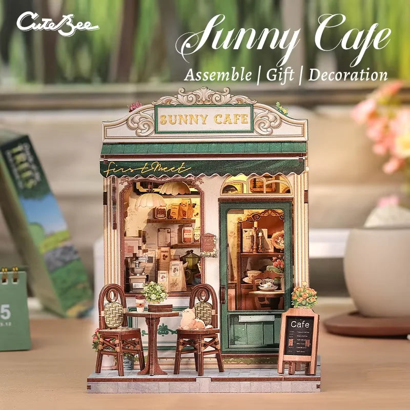 CUTEBEE Book Nook Kit DIY Doll House with LED Light Bookshelf Insert Sunny Cafe Miniature Model For Birthday Family Gift