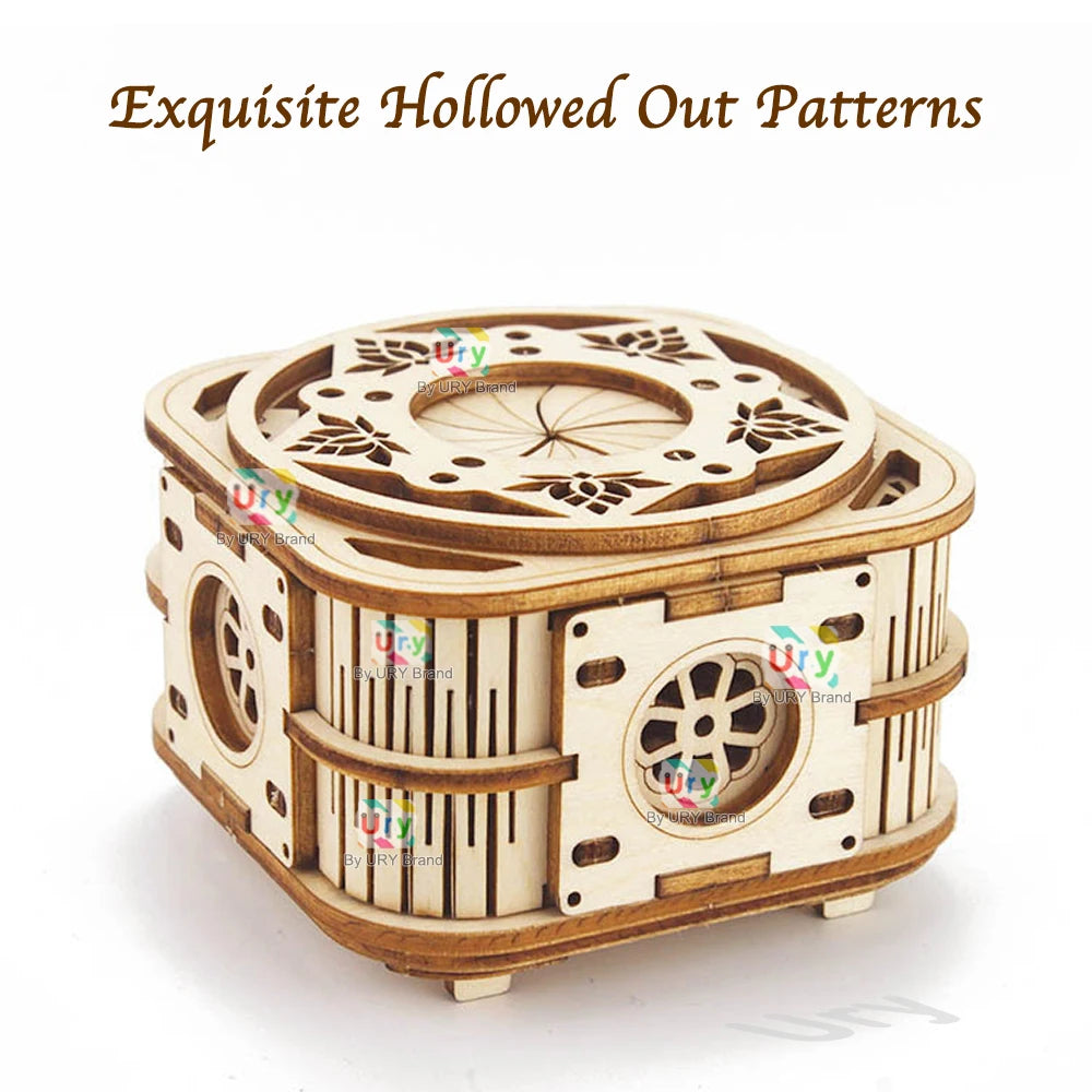 URY 3D Wooden Puzzle Mini Music Antique Password Treasure Proposal Ring Box Lockbox DIY Advanced Assembly Creative Gift for Girl