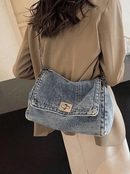 Denim Tote Bag with Metal Buckle and Chain Strap Deep Blue Light Blue Black Vintage Stitching Design for Women Non-Adjustable Sl
