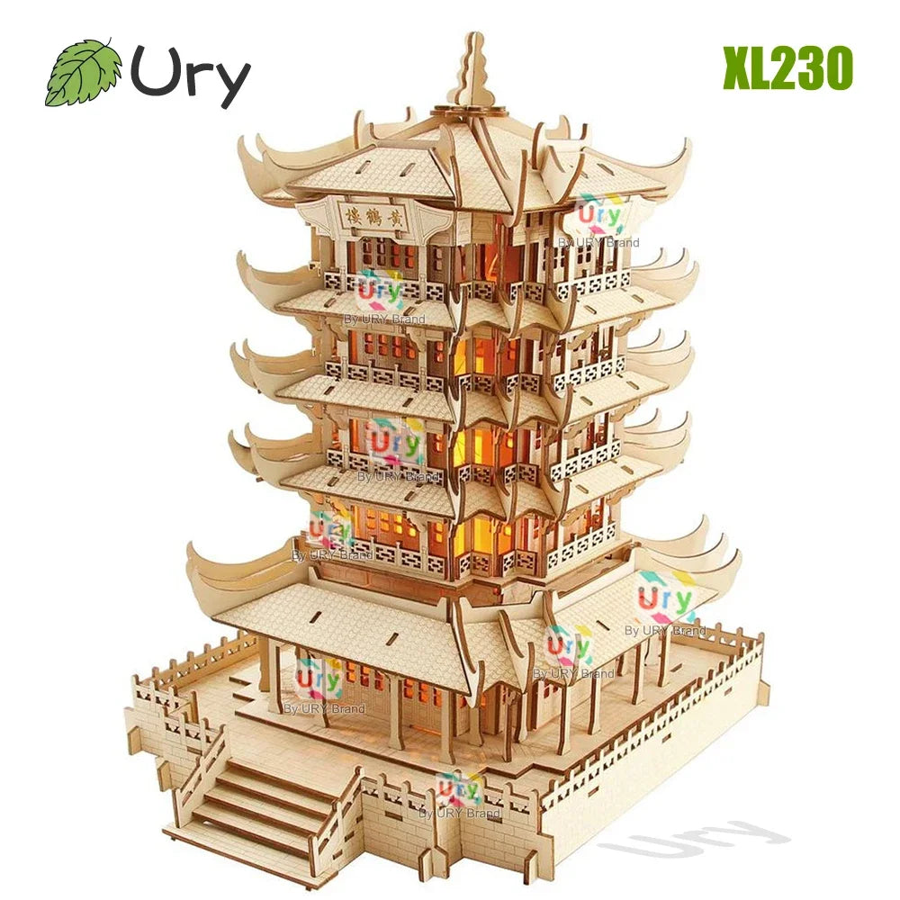 Ury 3D Wooden House Chinese Traditional Puzzle with Light Building DIY Model Game Assembly Desktop Toy Gift for Children Adult