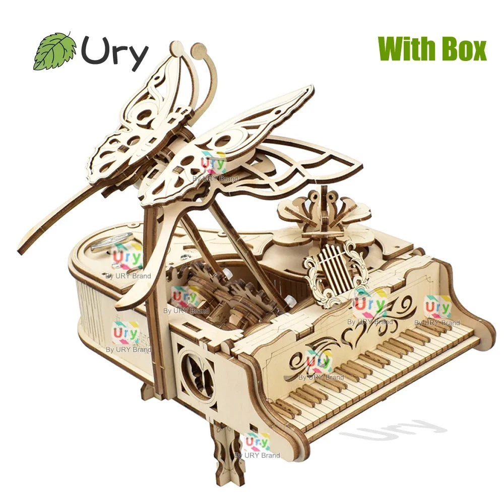 URY 3D Wooden Butterfly Grand Piano Hand Crank Musical Movement DIY Retro Toy Rhythm Device Model for Children Christmas Gift