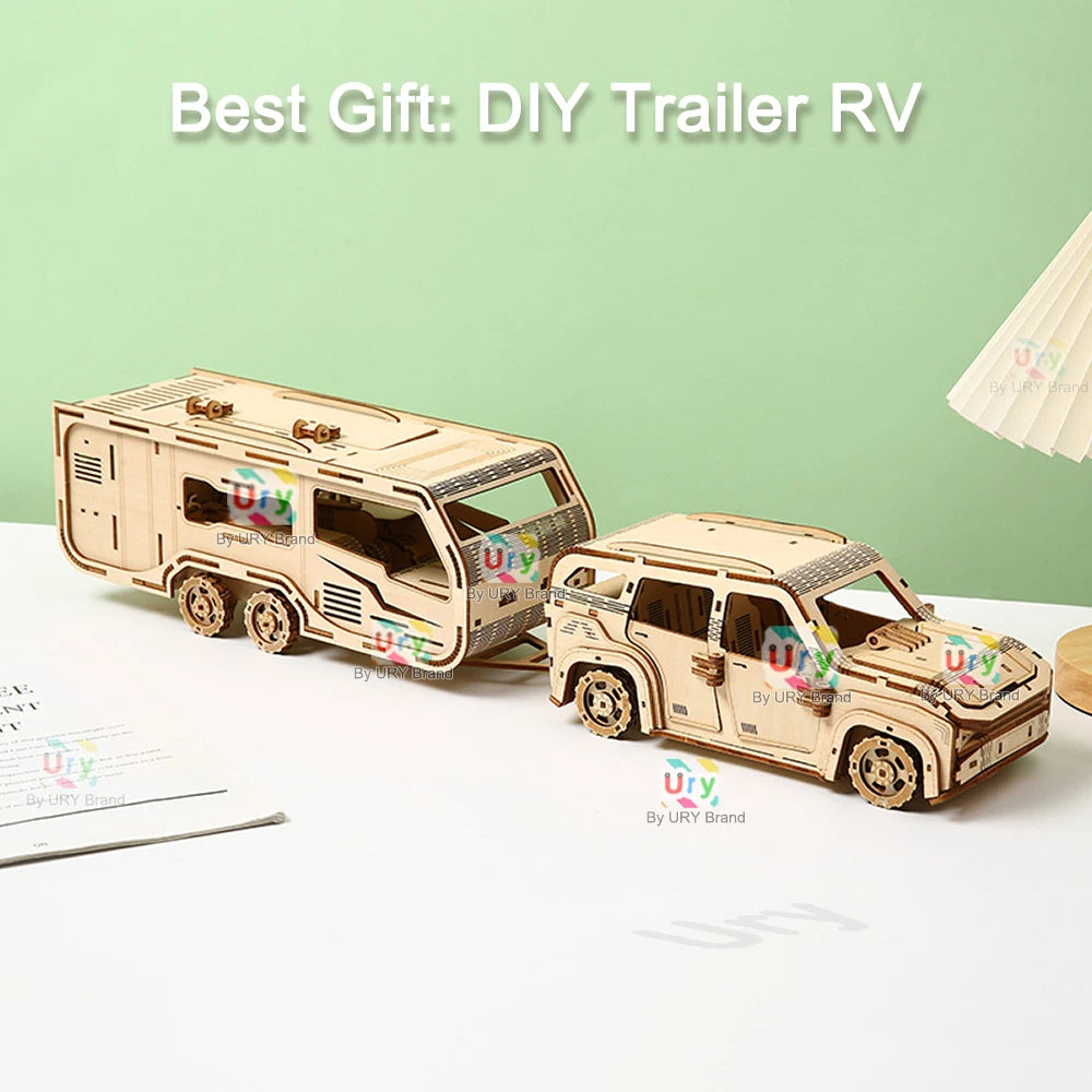 Ury 3D Wooden Puzzle Movable Caravan Travel Trailer Motor Home Handmade Assembly Truck Model DIY Toys Decoration Gift for Kids