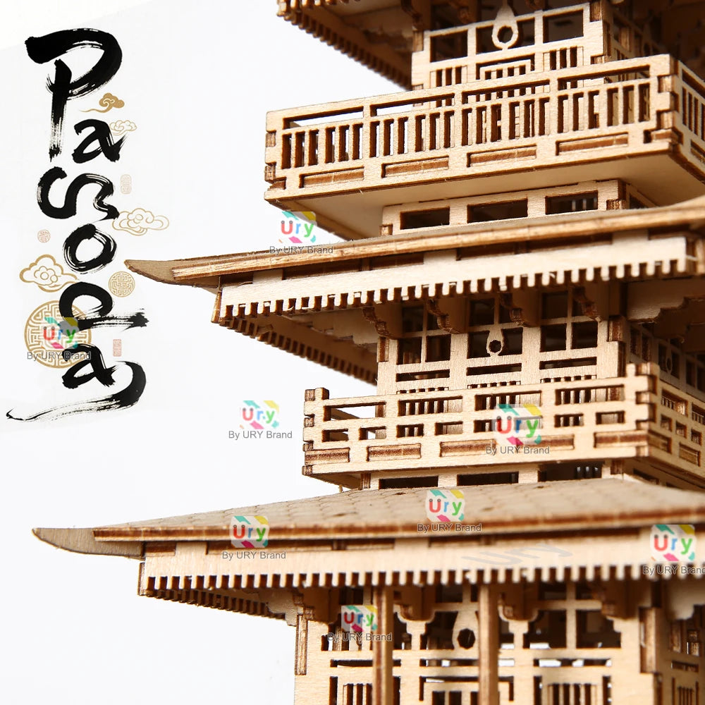 URY 3D Wooden Tower Ancient Pagoda Chinese Traditional Puzzle with Light DIY Model Game Assembly Desktop Toy Gift for Kids Adult