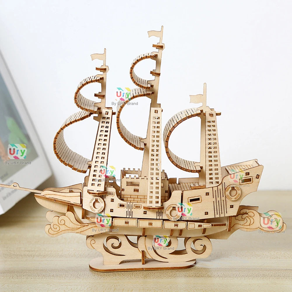 URY DIY 3D Wooden Puzzle Retro Style Sailboat Shipping Model Kits Toys Handmade Set Home Desktop Decoration Christmas Gifts