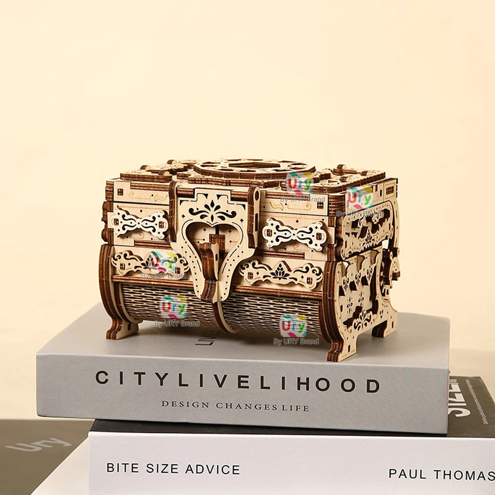 URY 3D Wooden Puzzle Antique Treasure Box Dressing Case DIY Game Advanced Assembly Model Toys Creative Gift for Lady Girls