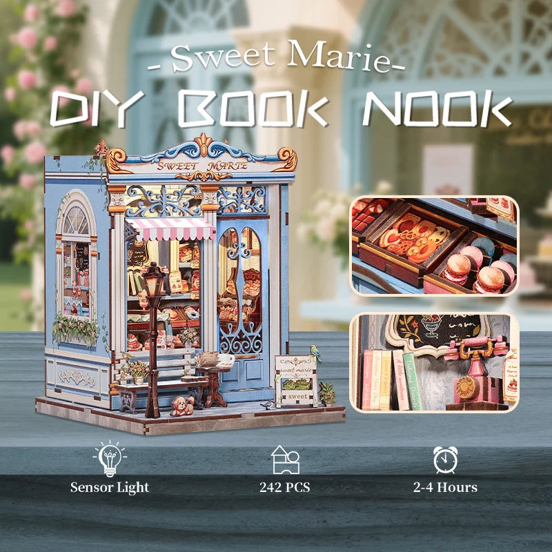 CUTEBEE Book Nook Kit DIY Doll House with LED Light Bookshelf Insert Sweet Marie Miniature Model For Birthday Family Gift