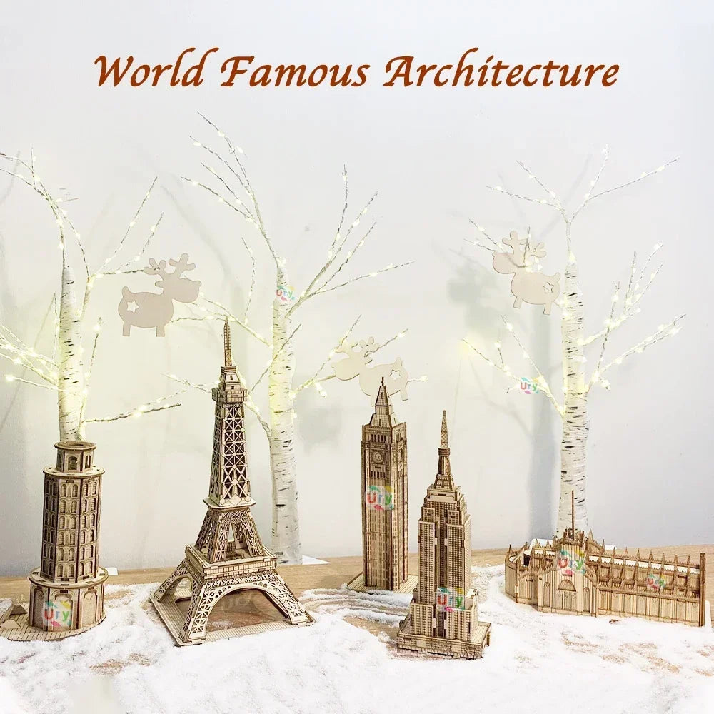 Ury 3D Wooden Puzzle Eiffel Tower Leaning of Pisa Famous European Classics Building World Architecture Model DIY Toys Decoration