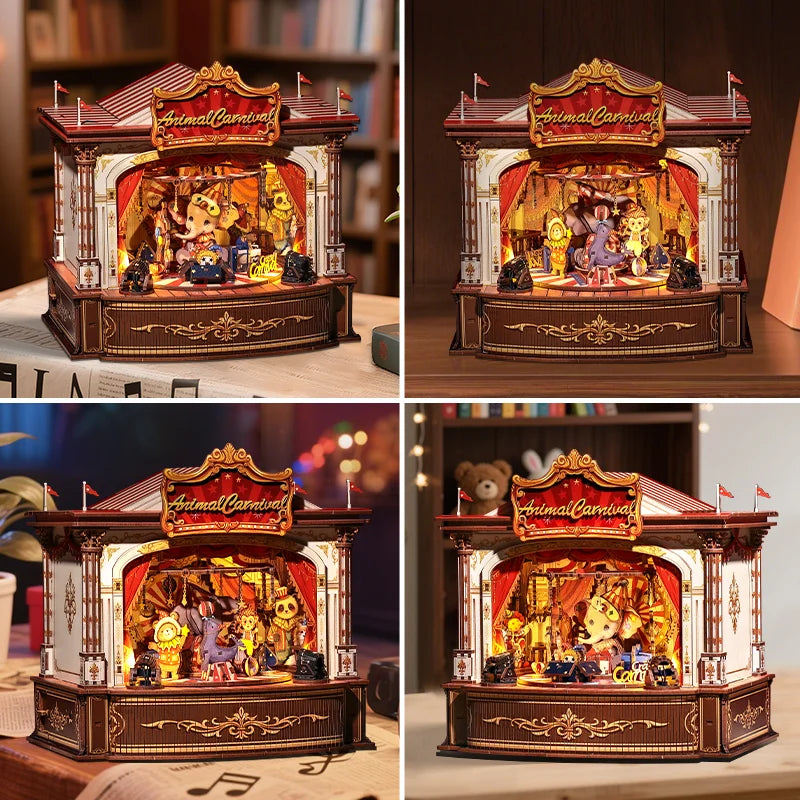 CUTEBEE Book Nook Kit DIY Music Box Wooden Doll House with Touch Light Miniature Model for Amazing Gifts Animal Carnival