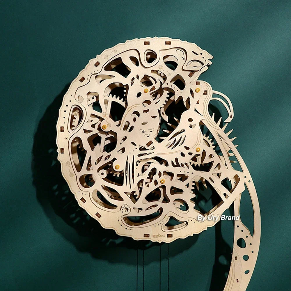 URY DIY 3D Wooden Puzzle Owl Wall Clock Mechanical Model Building Retro Style Pendulum Assembly Home Decoration for Kids Gifts