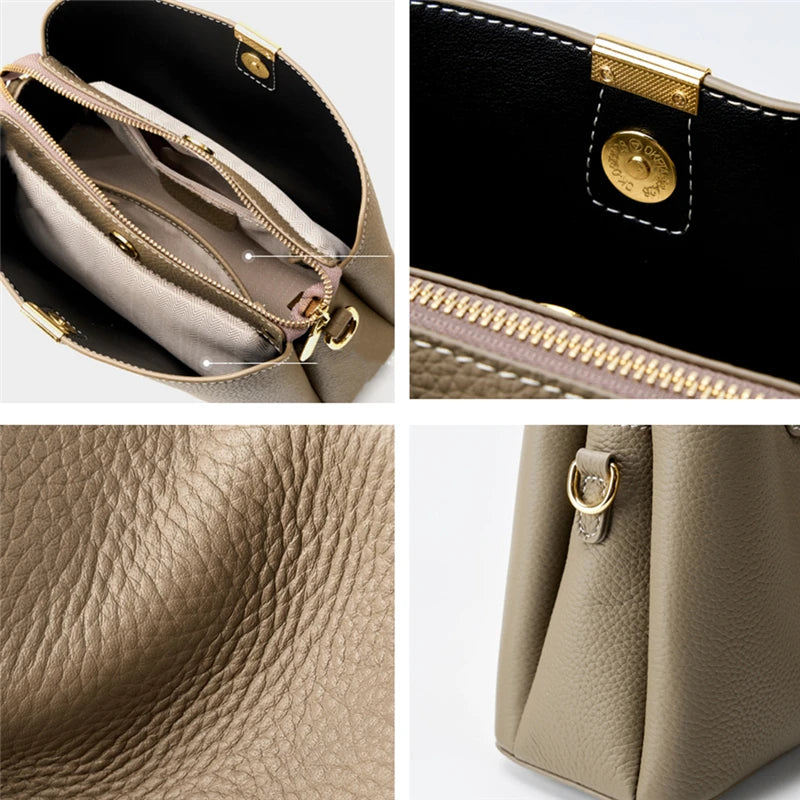 Burminsa Cowhide Genuine Leather Bucket Crossbody Shoulder Bags For Women 2025 Luxury Designer Top Handle Work Ladies Handbags