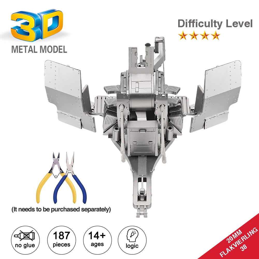 Piececool 3D Metal Puzzle 20MM Flakvierling 38 Model Building Kits Teen Toys Assembly DIY Set for Adult Birthday Gifts