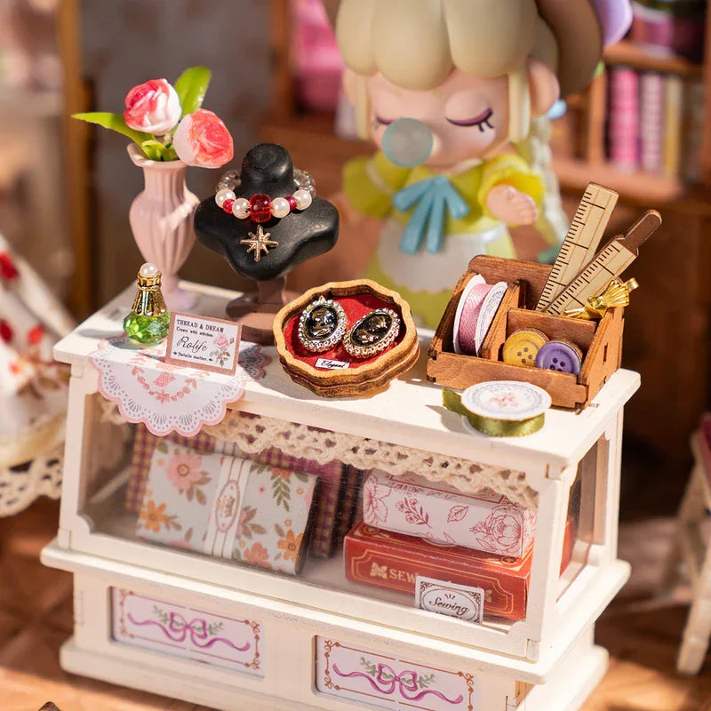 Robotime Rolife Elsa's Tailoring DIY Miniature House Kit Wooden Dollhouse with LED Lights Handmade Craft Gift for Adults