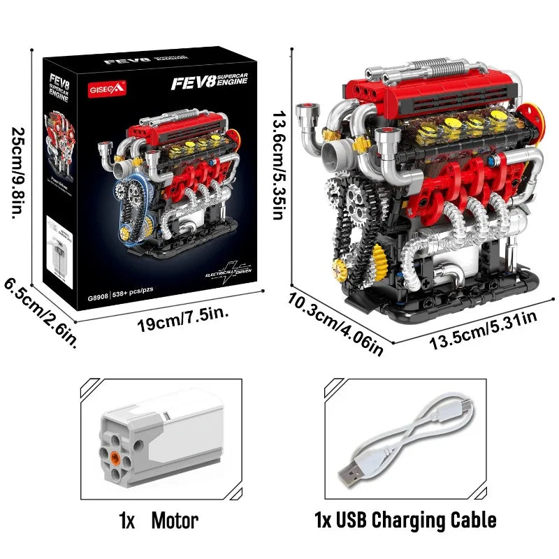 FE Japanese V8 Engine Building Block Model Kit 500+ Bricks Classic Car Engine Electric USB Charging Version Adult Holiday Gift