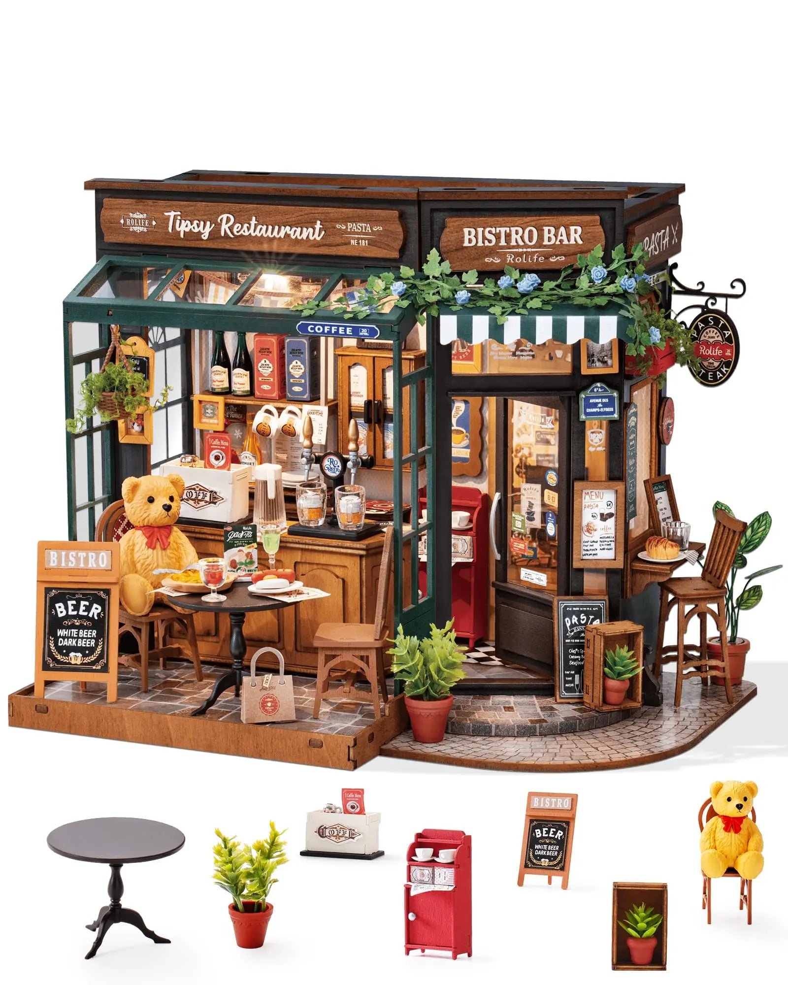 Robotime Rolife Tipsy Restaurant Miniature Dollhouse 3D Wooden Puzzle Bistro Bar Design Gifts for Family Home Decoration Toys