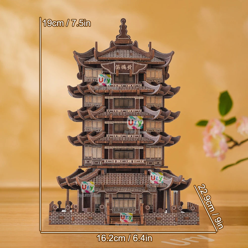 Ury 3D Wooden Puzzle Chinese Yellow Crane Tower Ancient Pagoda Traditional Building DIY Model Assembly Desktop Gift for Adult