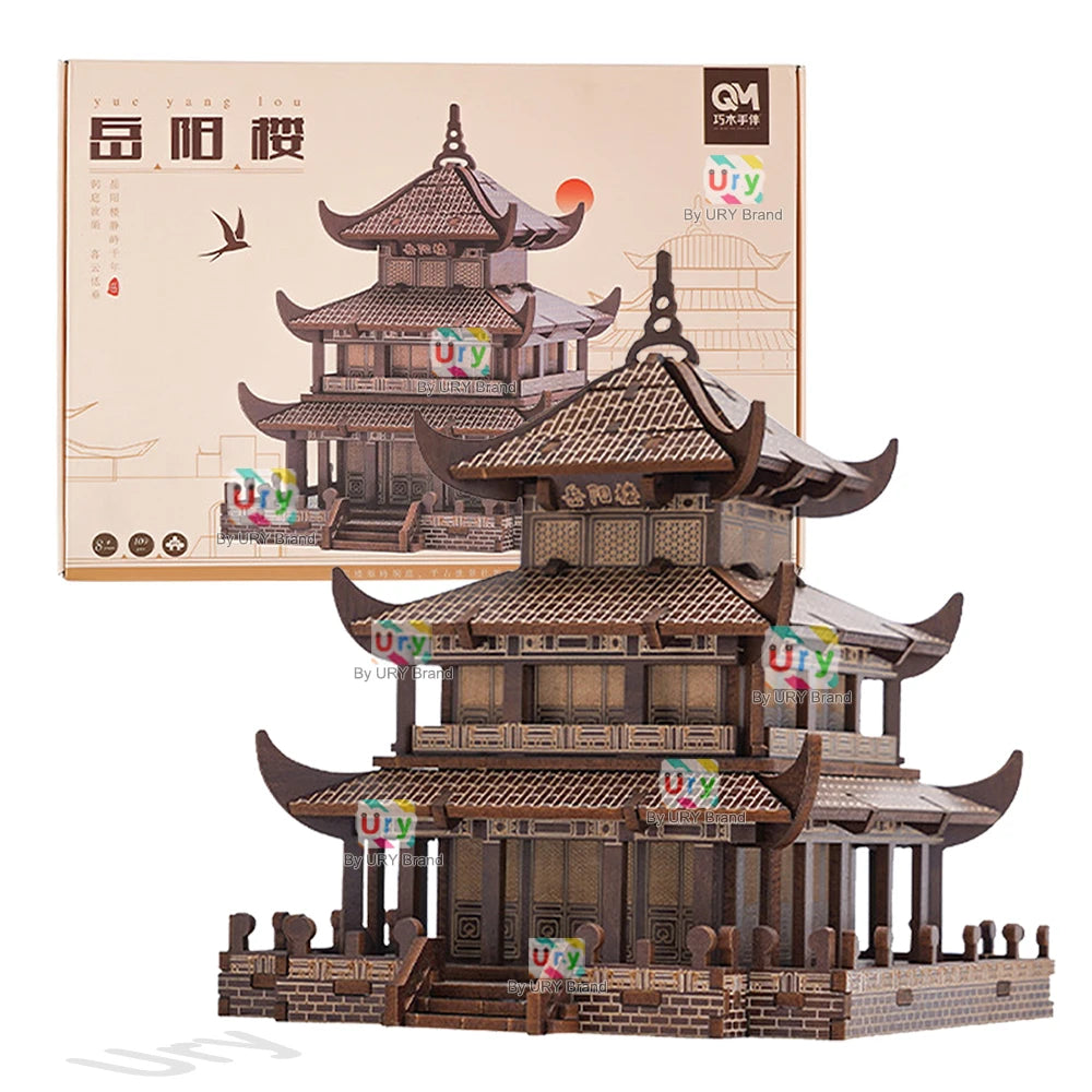 Ury 3D Wooden Puzzle Chinese Yueyang Tower Ancient Pagoda Traditional Building DIY Model Assembly Desktop Toy Gift for Adult