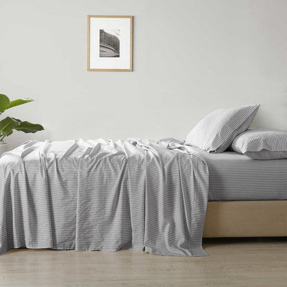 Royal Comfort Stripes Linen Blend Sheet Set Bedding Luxury Breathable Ultra Soft - Queen - Grey