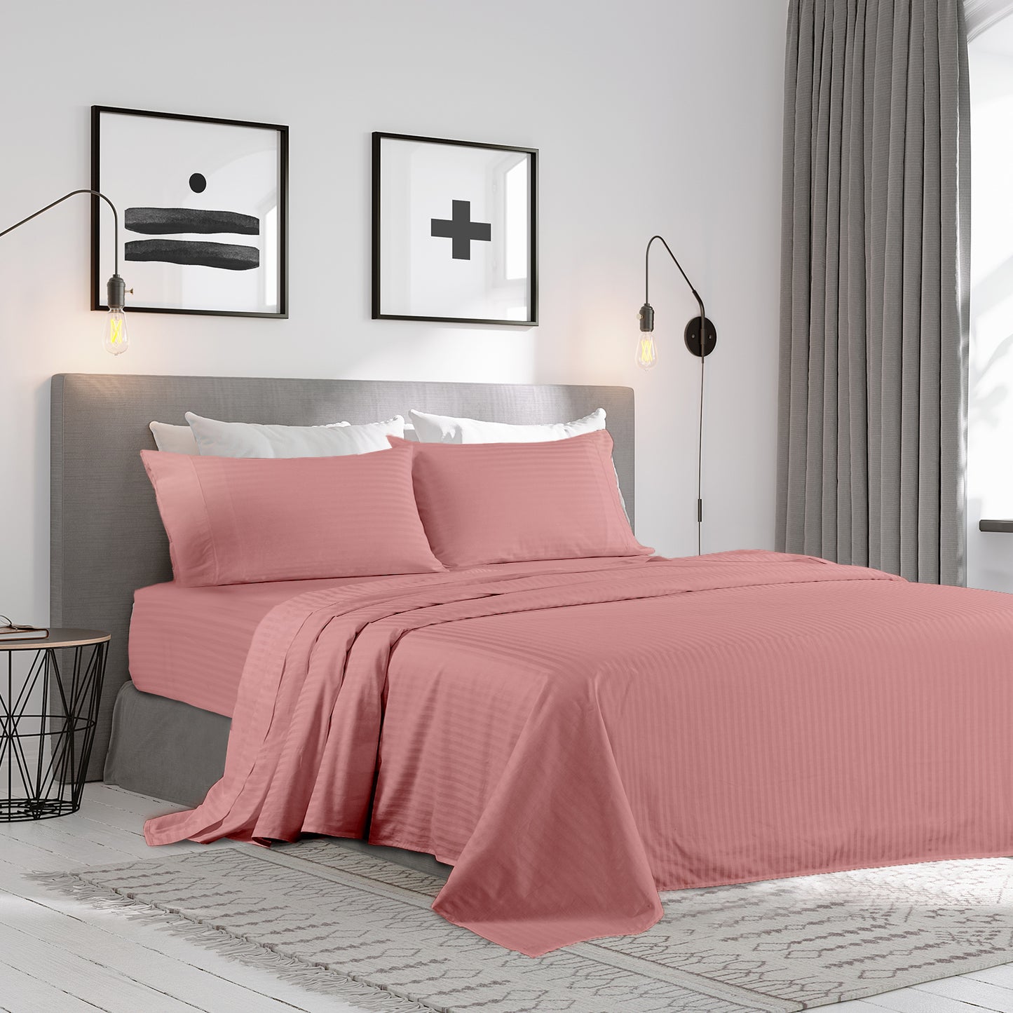 Kensington 1200 Thread Count 100% Egyptian Cotton Sheet Set Stripe - Double - Desert Rose