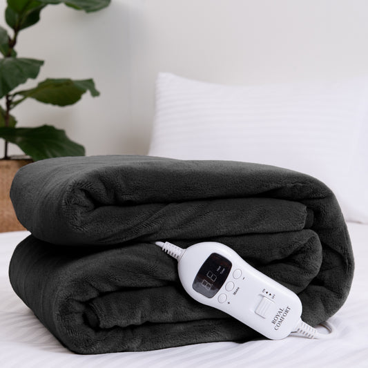 Royal Comfort Heated Faux Fur Throw Fleece Electric Blanket Double-Sided - Charcoal