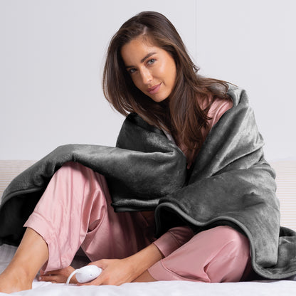 Royal Comfort Heated Faux Fur Throw Fleece Electric Blanket Double-Sided - Charcoal