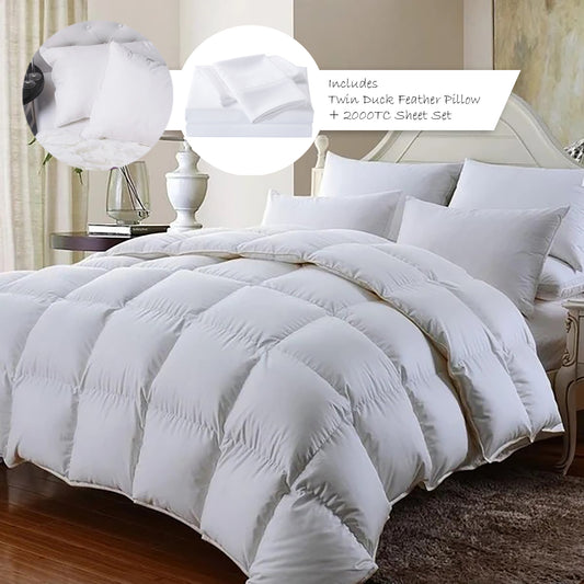 Royal Comfort 350GSM Bamboo Quilt 2000TC Sheet Set And 2 Pack Duck Pillows Set - Double - White