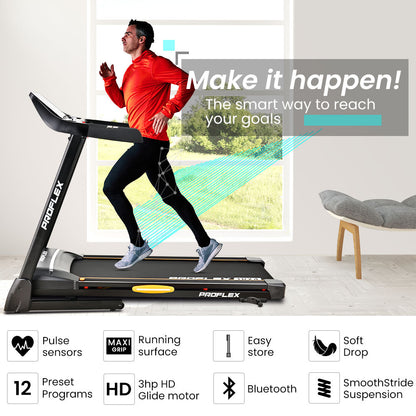 PROFLEX TRX4 Electric Treadmill, Medium Size, Foldable, Suspension, Bluetooth, USB/MP3, Pulse Sensors, Fitness Tracker