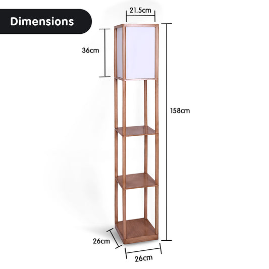 Sarantino Etagere Floor Lamp Ghost-White Fabric Shade in Wood Finish