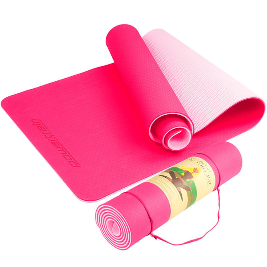 Powertrain Dual Layer 8mm Yoga Mat | Hot Pink | Non-slip Surface And Carry Strap For Ultimate Comfort And Portability