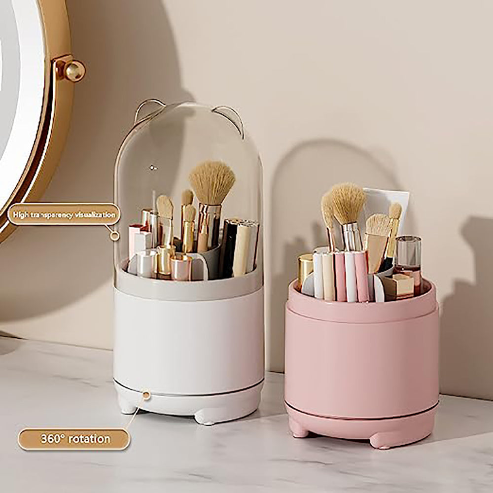 360Â° Rotating Makeup Brush Bucket Transparent Dust-proof Cosmetic Storage Box(pink)