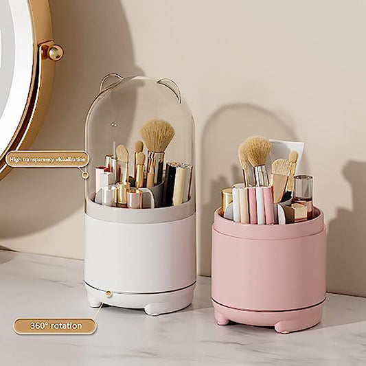 360Â° Rotating Makeup Brush Bucket Transparent Dust-proof Cosmetic Storage Box(pink)
