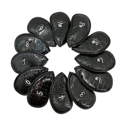 Versatile 12-piece Golf Club Cap Set in Black Pu Leather with Litchi Texture