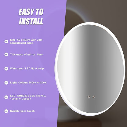 Oval Mirror LED Anti-Fog Illuminated Bathroom Living Room
