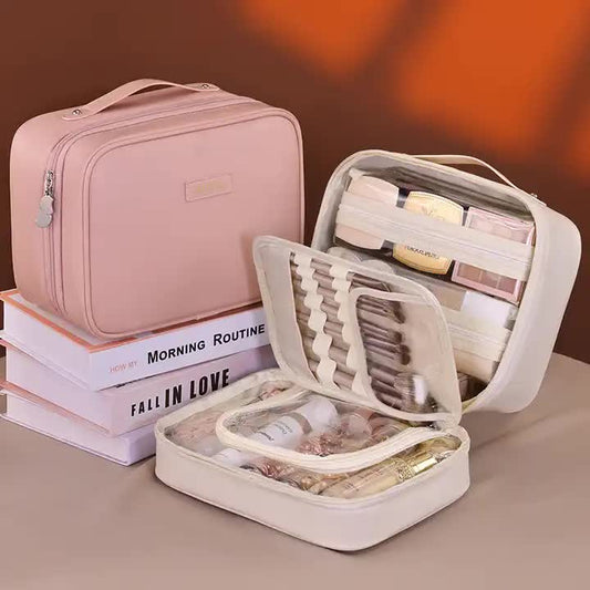 White 5-in-1 Multi-Function PU Makeup Organizer â€“ Large Capacity Cosmetic Storage Bag with Dividers, Portable and Premium Quality