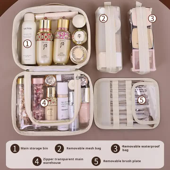White 5-in-1 Multi-Function PU Makeup Organizer â€“ Large Capacity Cosmetic Storage Bag with Dividers, Portable and Premium Quality