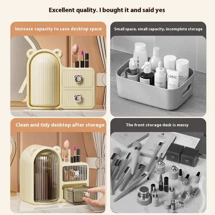 Milky white Rotating Desktop Cosmetic Organizer â€“ High-End Dustproof Wall-Mounted Storage Box with Drawer for Vanity, Makeup and Toiletries