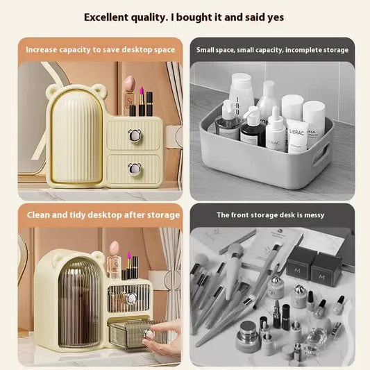 Milky white Rotating Desktop Cosmetic Organizer â€“ High-End Dustproof Wall-Mounted Storage Box with Drawer for Vanity, Makeup and Toiletries