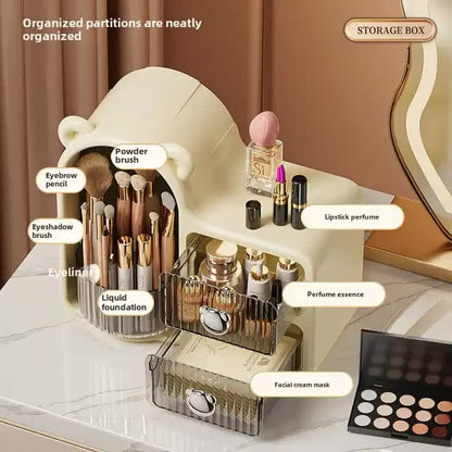 Milky white Rotating Desktop Cosmetic Organizer â€“ High-End Dustproof Wall-Mounted Storage Box with Drawer for Vanity, Makeup and Toiletries