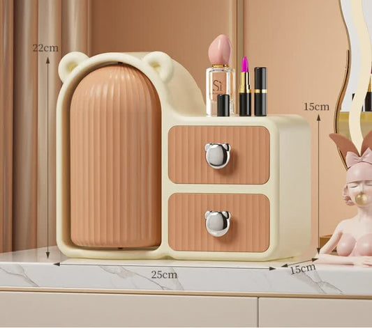Brown Rotating Desktop Cosmetic Organizer â€“ High-End Dustproof Wall-Mounted Storage Box with Drawer for Vanity, Makeup and Toiletries