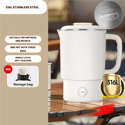 White Portable Foldable Travel Electric Kettle - 316 Stainless Steel Electric Water Boiler , 220v