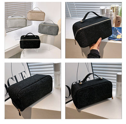 Grey Elegant Glitter Cosmetic Bag with Zipper and Handle