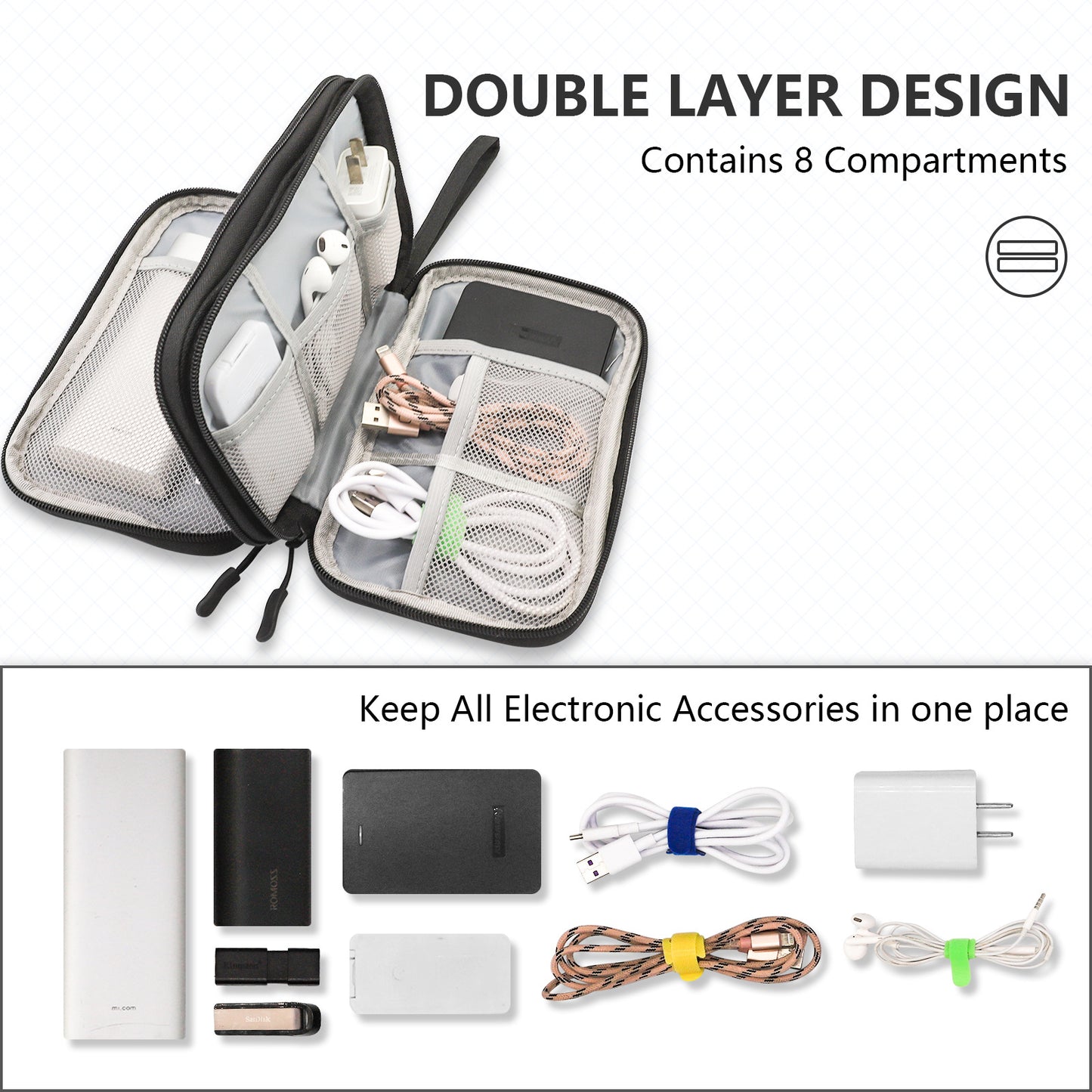 Black Portable Digital Organizer Bag â€“ Multifunctional Storage for Power Banks, Cables, and Accessories(Photography Props Not Included)